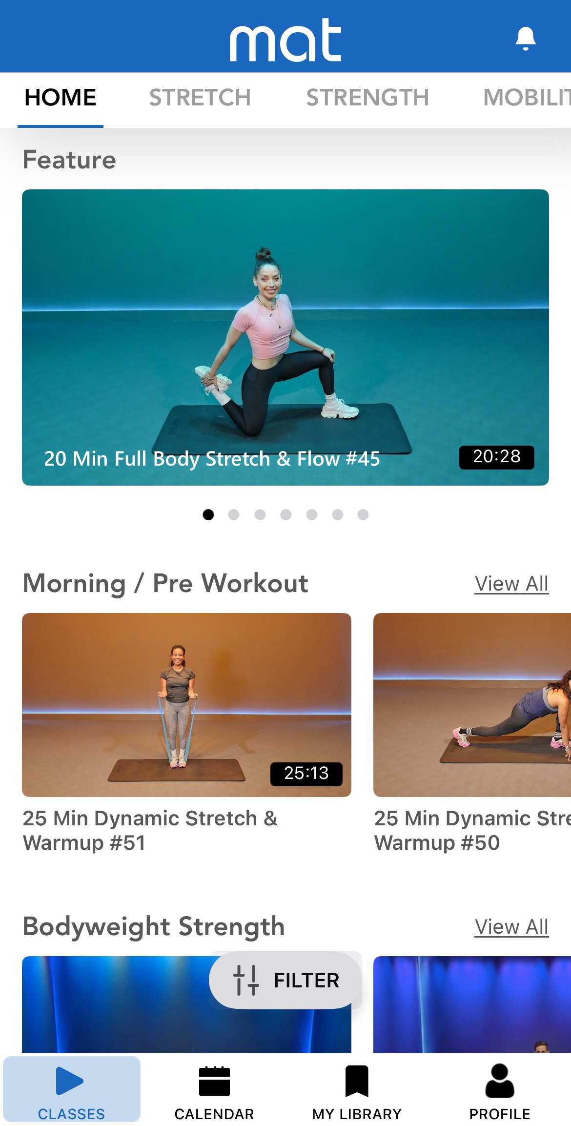 The Mat app home screen, showing the featured class 20 Min Full Body Stretch and Flow