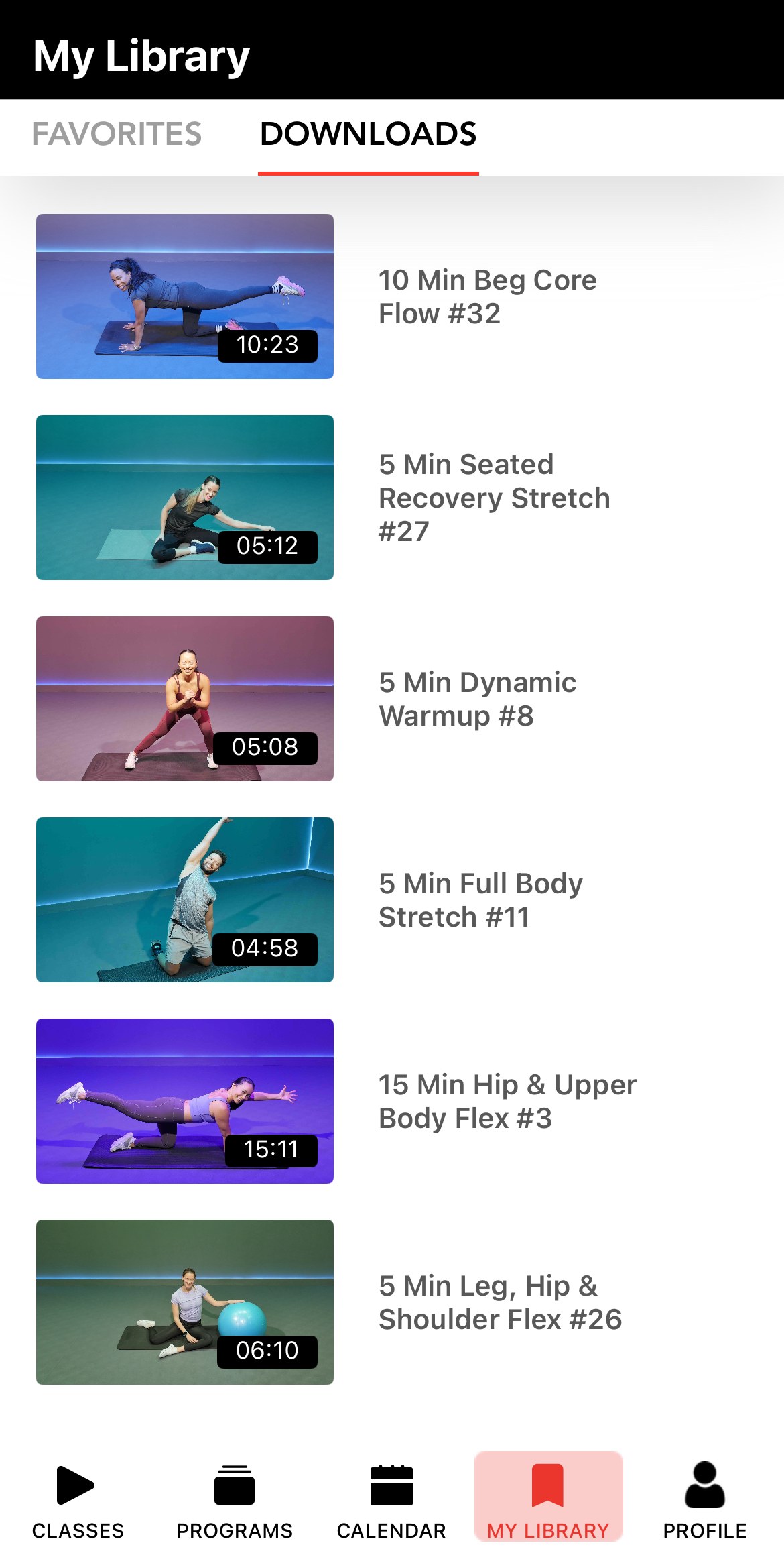 The My Library screen in the Mat app, showing downloaded classes